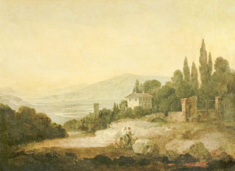 Paesaggio italiano, con una casa, un cancello, una torre e colline lontane - National Trust for Places of Historic Interest or Natural Beauty
